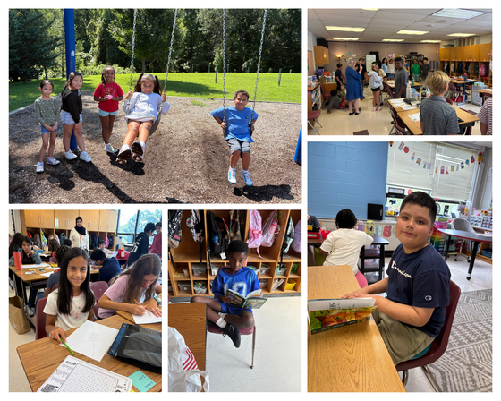 Multi-panel photo collage showing elementary students playing on swings outdoors, working at classroom desks, and reading books.