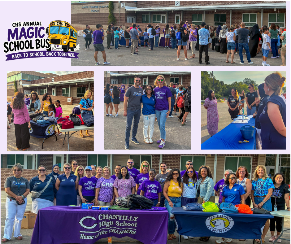 Collage of pictures from the visit to the Magic School Bus stop at Lees Corner Elementary