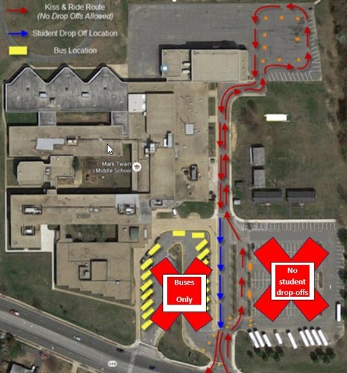 a photo of the Kiss and Ride route for Mark Twain Middle School