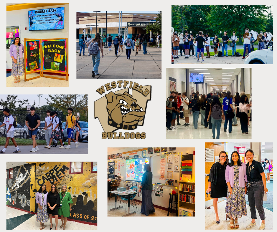 Collage of students arriving to Westfield High School by bus, walking.