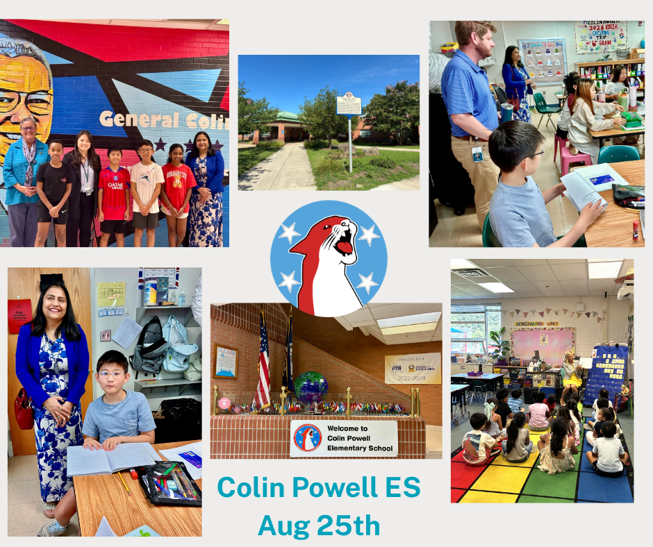 Collage from visit to Powell Elementary School including visits to classrooms with students