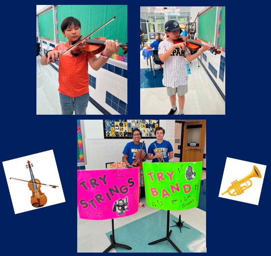 collage of students playing string instruments