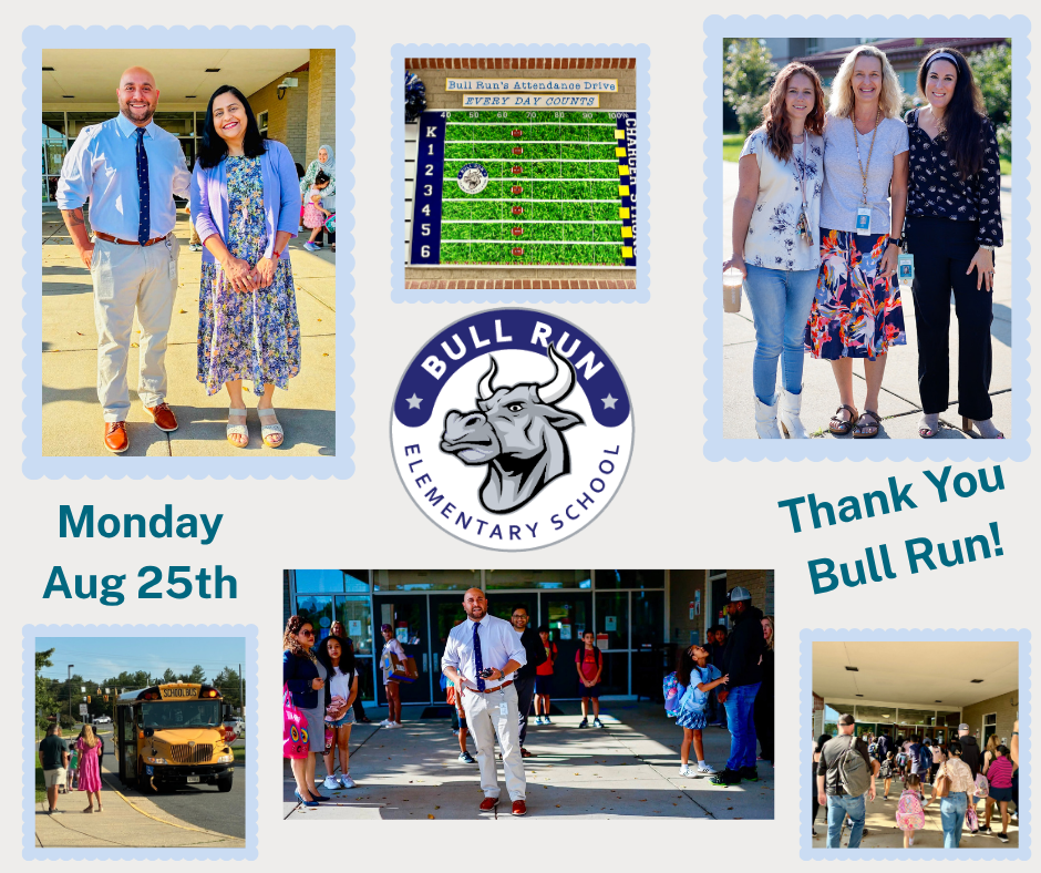 Collage of Seema Dixit with Principal Marotta, teachers waiting for students outside, families walking into the building