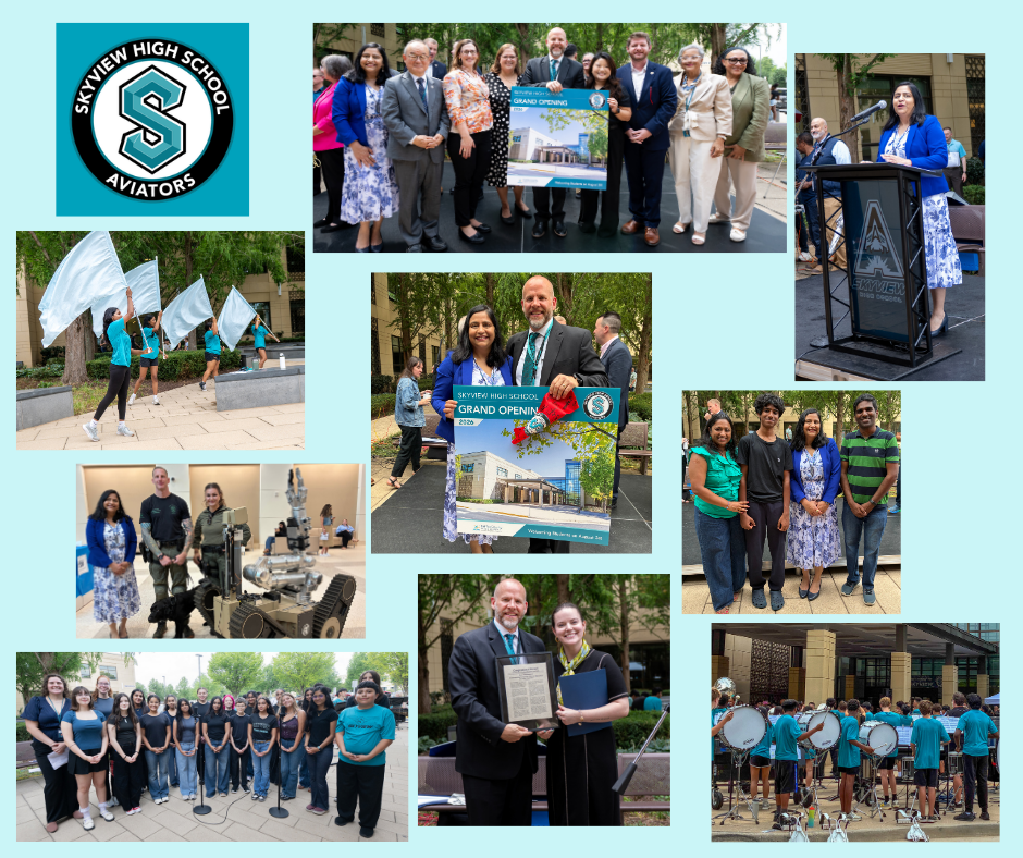 Collage of students, the Principal, Seema Dixit, and other School Board members at the Grand Opening
