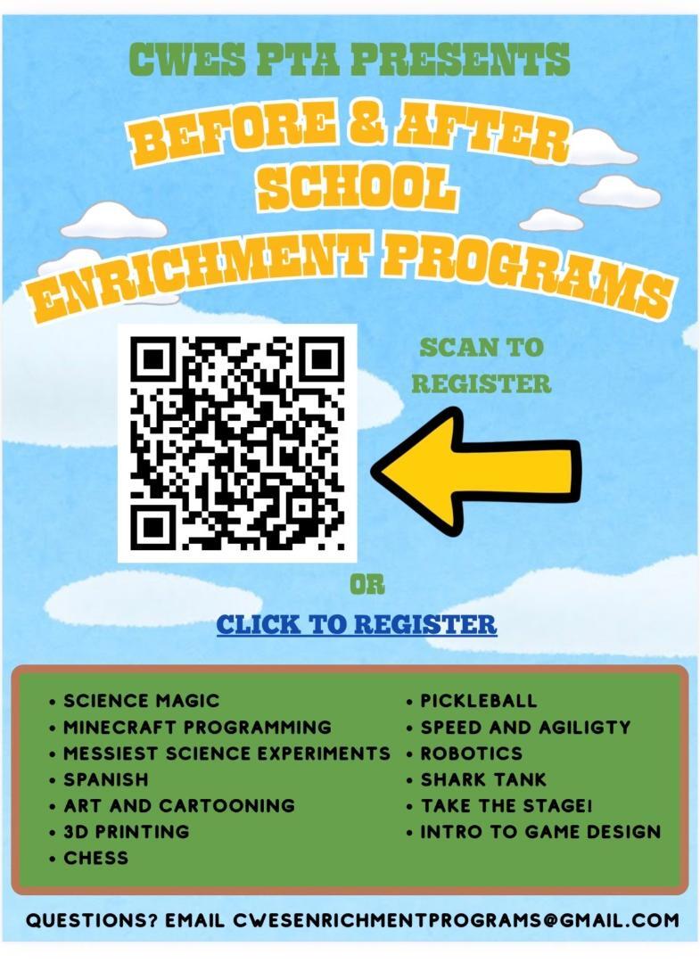 Flyer for CWES PTA Before & After School Enrichment Programs featuring a QR code, registration link, and program list.