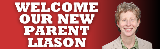 Red and black gradient background with white writing 'Welcome our new parent liason'