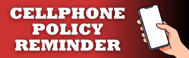 Red and black gradient background with white writing 'Updated Cellphone policy'