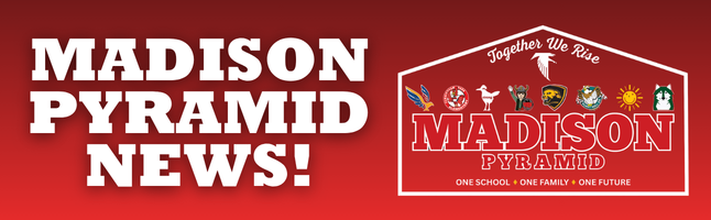 Red and black gradient background with white writing 'madison pyramid news'