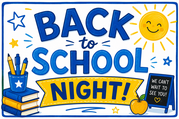 A drawing that says "Back to School Night" with a chalkboard that says "we're so happy to see you"