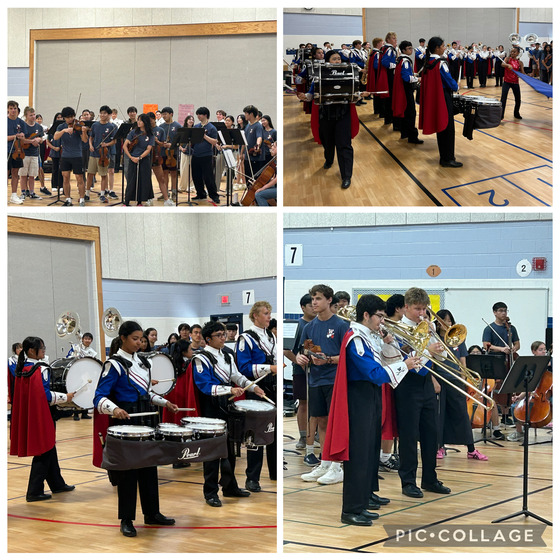 collage of Woodson band and strings playing in the gym
