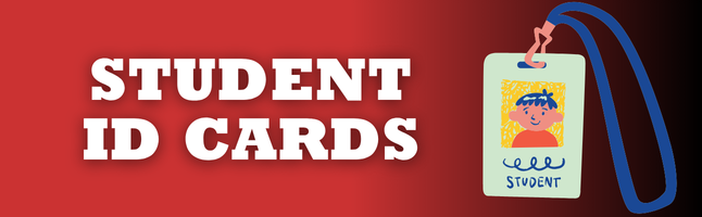 Red and black gradient with 'student ID cards' in white writing