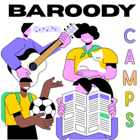 Text: "BAROODY CAMPS" Four illustrated figures engaging in activities: playing guitar, holding cat, carrying ball, reading newspaper.