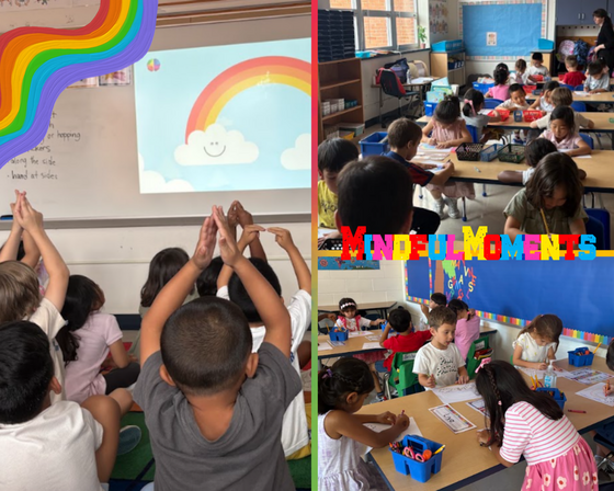 students raising hands toward a screen with a rainbow; and students at desks working on art under "Mindful Moments." 