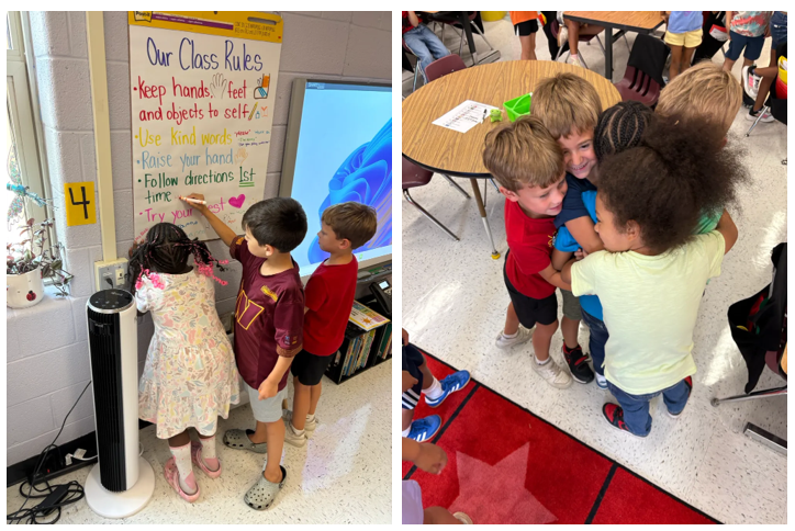 Students in Mrs. Black's 1st grade signing their class rules and sharing a group hug