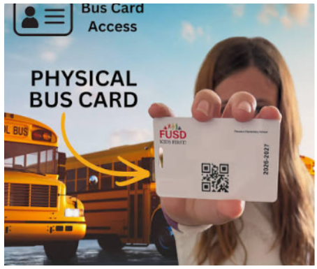 Bus Card -two yellow school buses, a girl with long hair holding a white card with QR code 