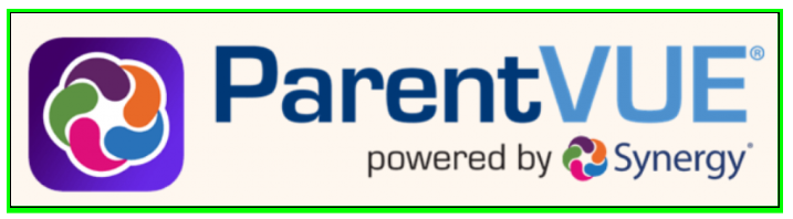 Parentvue- image has the word ParentVUE in dark blue and light blue print