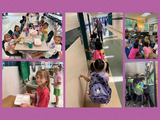 Elementary students practicing routines like composting and using bus badges