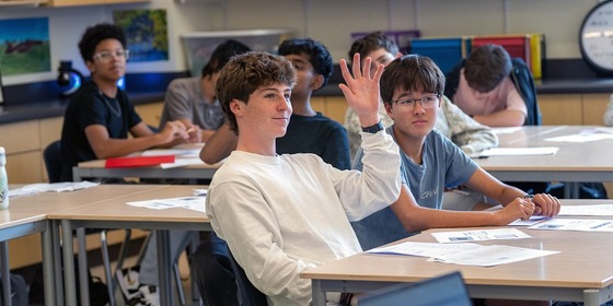 student raises hand in classroom