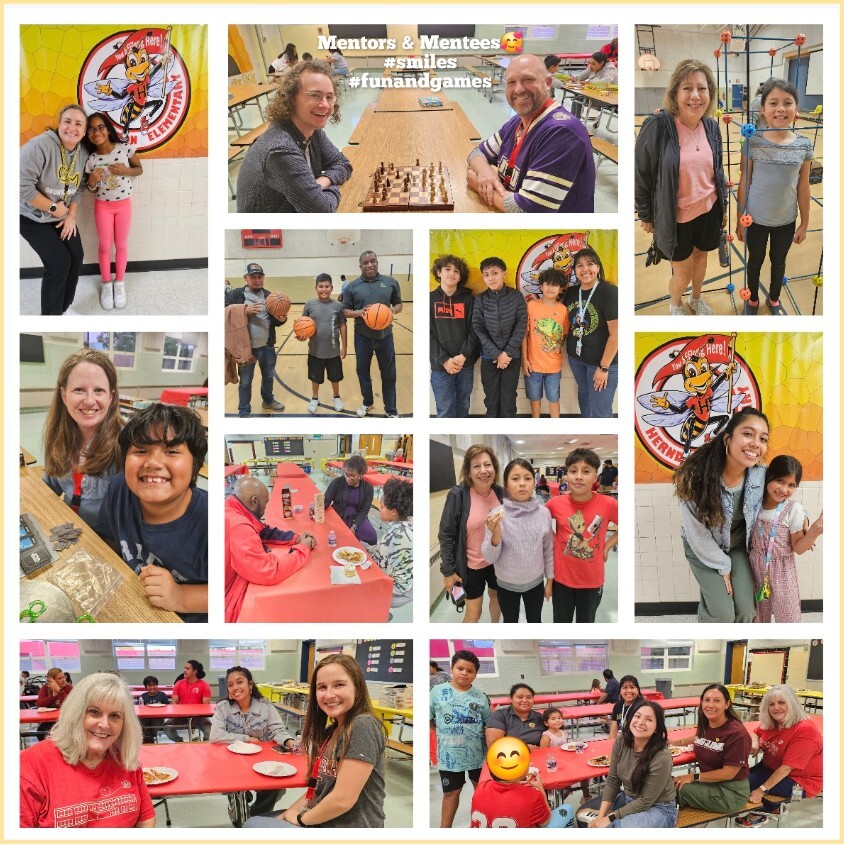 Collage of Herndon Elementary mentors and students smiling, playing games, eating together, and spending time in the school cafeteria and gymnasium.
