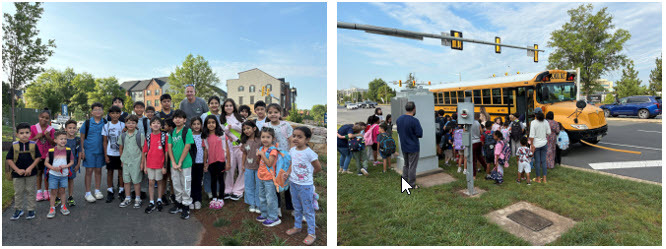 Students at The Eclipse bus stop with Principal.
