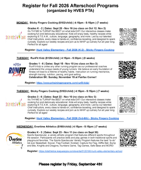 fall 2026 afterschool programs monday - wednesday