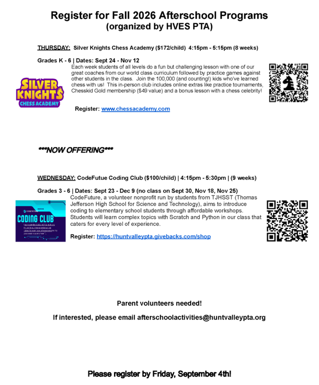 fall 2026 afterschool programs wednesday - thursday