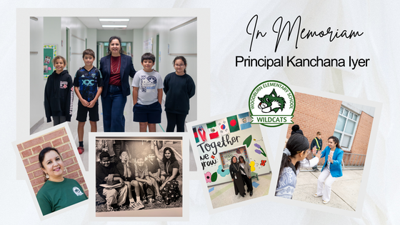 Principal Iyer with students in a hallway and outside, playing a game with students on the playground, and with School Board Member Ricardy Anderson
