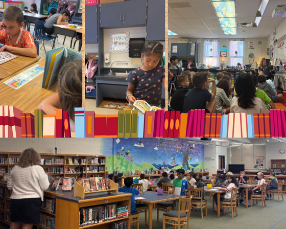 Students gather around books during reading activities in classroom and library settings, framed by an illustration of books.