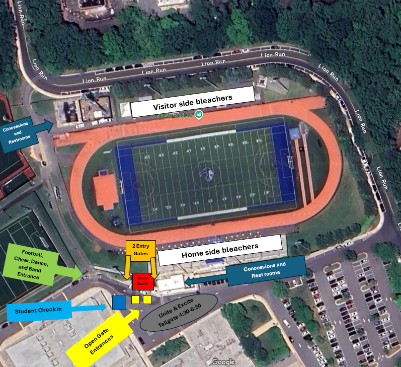 Diagram of a school stadium and parking lot
