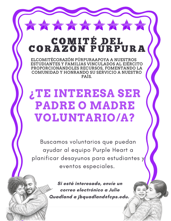Purple Heart Parent Volunteer Flyer in Spanish