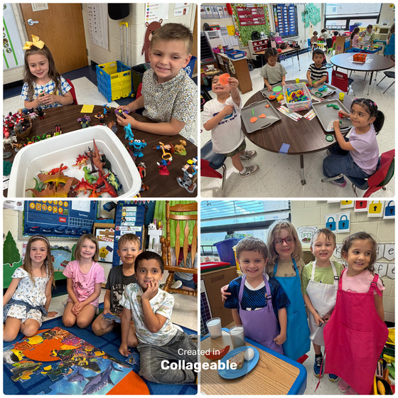Collage of kindergarteners enjoying play time in the classroom.