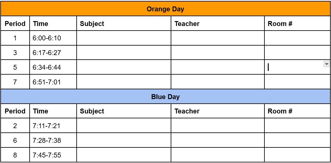 Back to School Night schedule