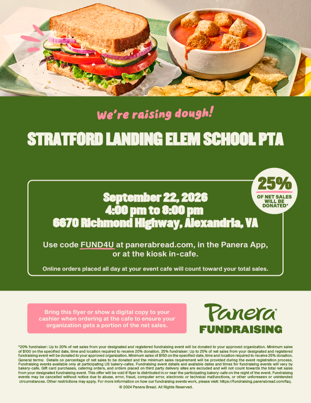 PTA Fundraiser Panera 9/22 at 6670 Richmond Highway 4-8pm or online all day. Use code FUND4U or bring flyer or show digital copy when ordering.