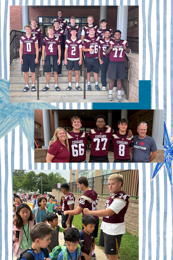 collage of pictures of Oakton High School football players, giving fist pumps to students entering the school and OES grads with admin