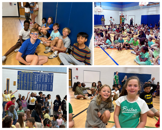 Four-panel collage of elementary students gathered on a gymnasium floor during a first quarter house meeting for school assembly activities.