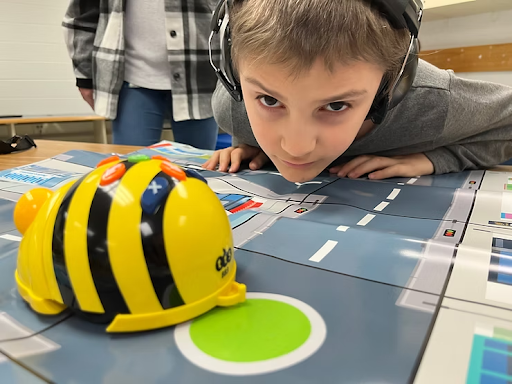 A closeup of a student watching a bug robot.
