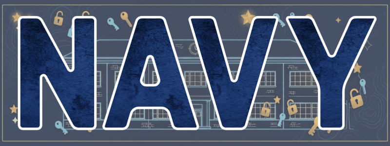 NAVY text with detective dolphin and "Mission Possible" folder on a dark blue background with key and lock symbols.
