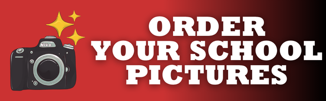 Red and black gradient background with 'order your school pictures' in white writing
