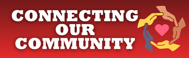 Hands in a circle around heart with red and black gradient background with white text ‘connecting our community’