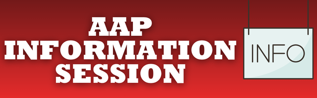 Info sign hanging with red and black gradient background with white text ‘AAP Information Session’