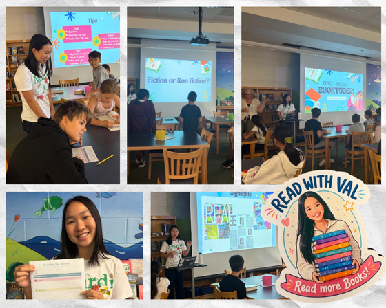 Young woman holding stack of colorful books with text "Read with Val" and "Read more Books!" surrounded by photos of her teaching students.