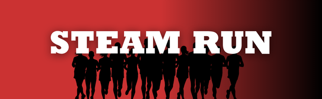 silhouette of runners behind words "STEAM RUN" in white with red to black gradient background