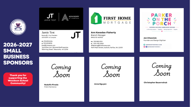 2026-2027 Small Business Sponsors with names of local business' that support Woodson PTSO