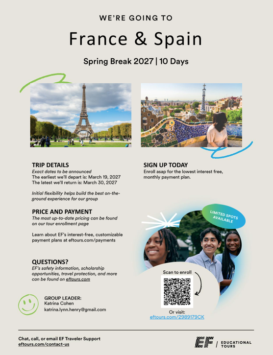 France and Spain Spring Break 2027 trip details and price