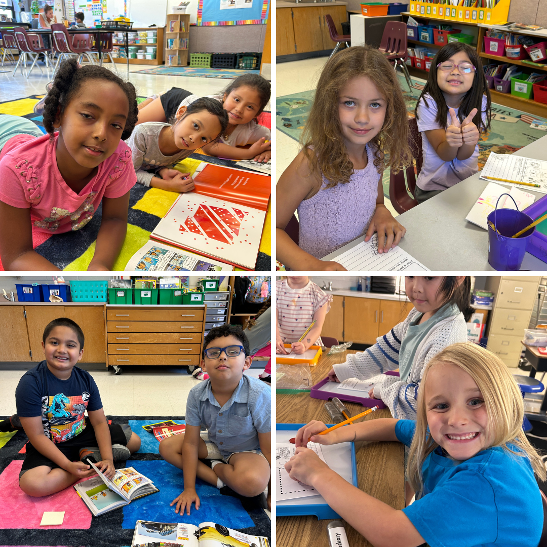 Four-panel collage of young students smiling, reading books, and writing together at tables and on the floor in a classroom.