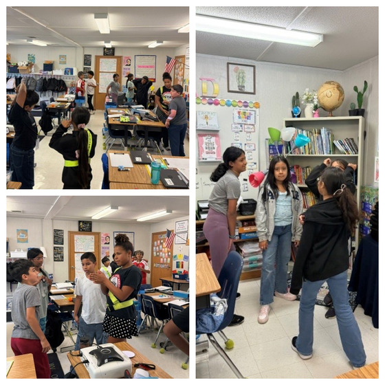 Students gathering in huddles in a classroom