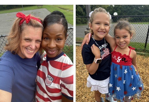 Students and staff members wearing red, white and blue