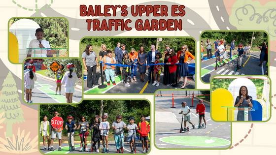 Students riding scooters in new traffic garden and group lined up to cut ribbon for opening of traffic garden