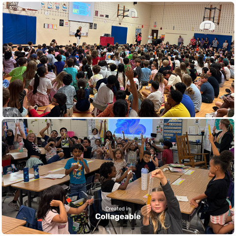 Collage: two photos of students enjoying the CARES assembly.