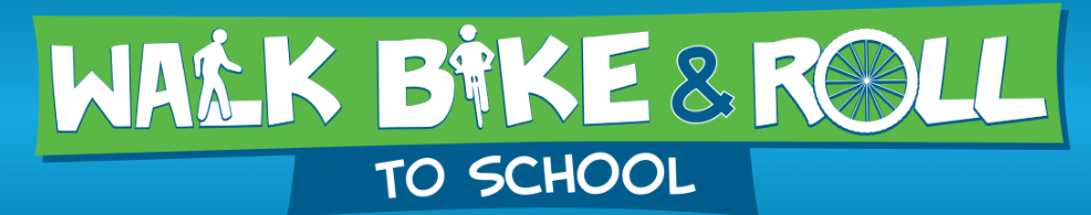 blue and green banner announcing walk, bike and roll to school on october 7th